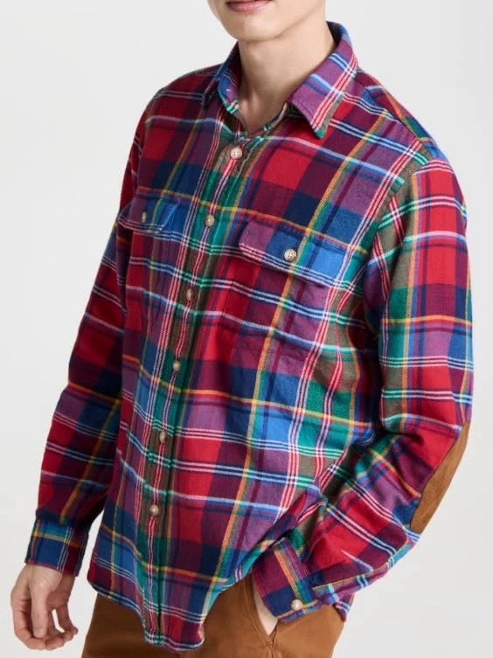 Polo Ralph Lauren Suede-Patch Twill Workshirt Classic Fit Plaid Size Large